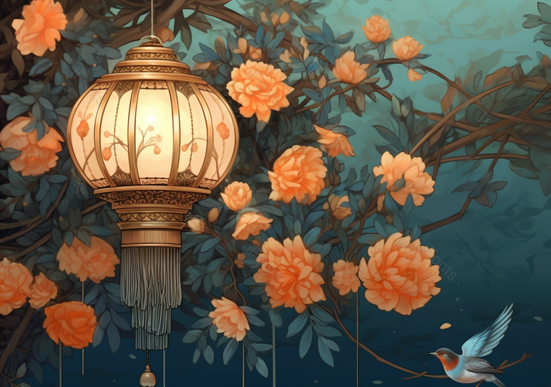 中国风淡雅国潮风花丛中秋灯笼工笔画植物手绘背景,插画/手绘图,插画/手绘图库,插画/手绘图下载,插画/手绘